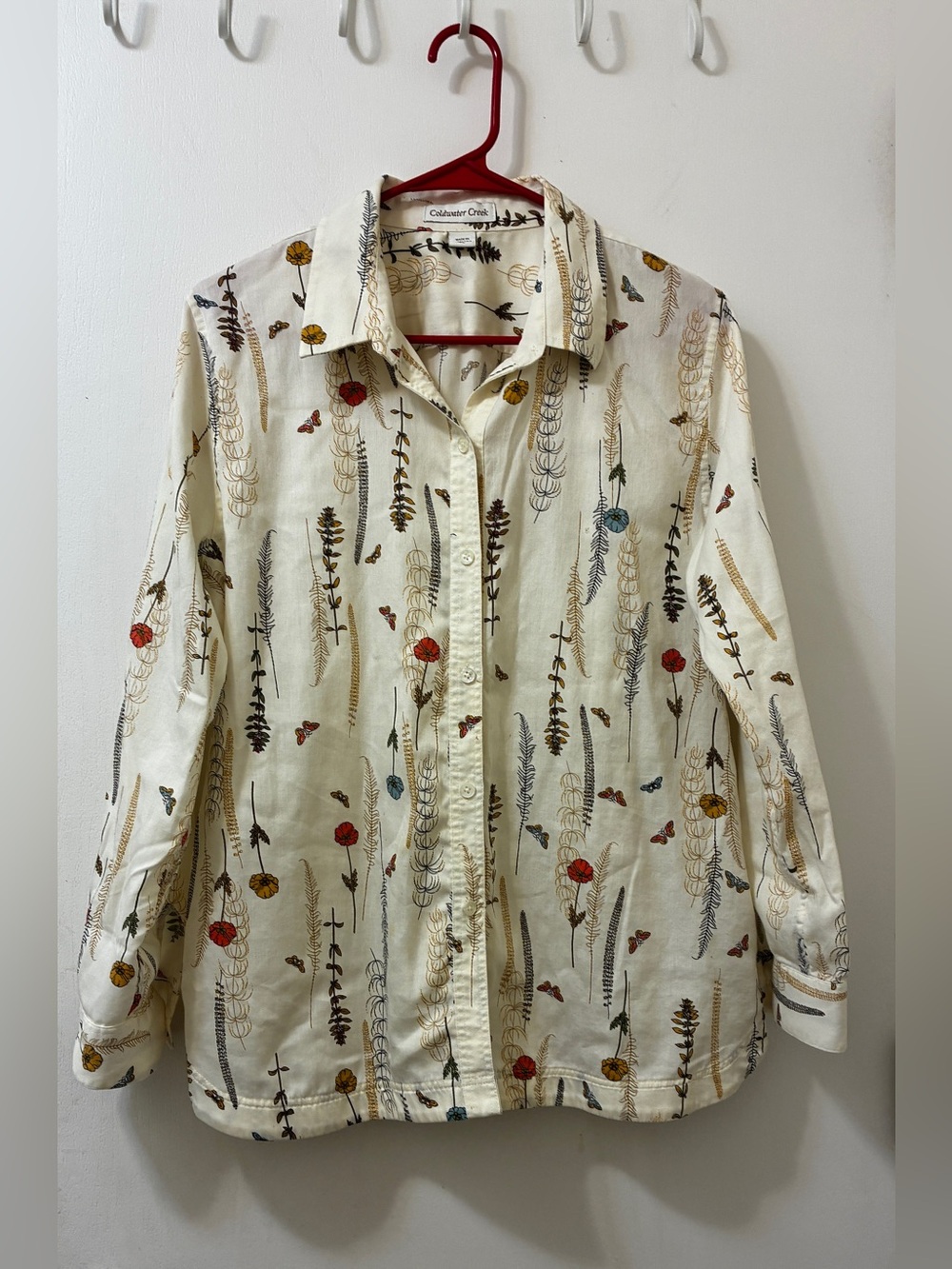 Coldwater Creek Cream Botanical Butterfly Floral Button-Up Blouse - Size PL